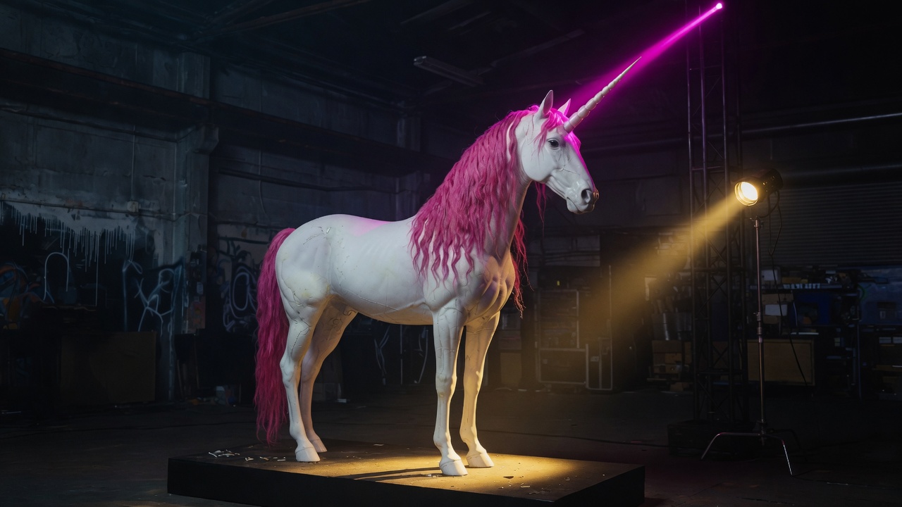 Unicorn sculpture under magenta neon in a dark warehouse